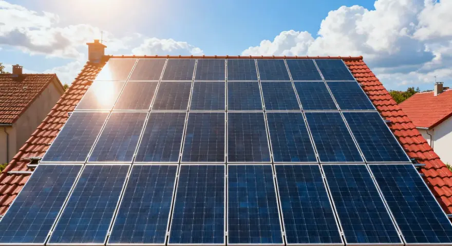 Panele fotowoltaiczne na dachu domu, łapiące promienie słońca. Ich żywotność zapewnia zieloną energię na lata.
