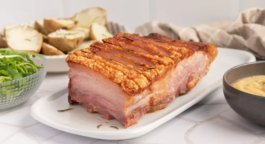 Panceta de cerdo al horno con piel crujiente, acompañada de patatas asadas y ensalada.