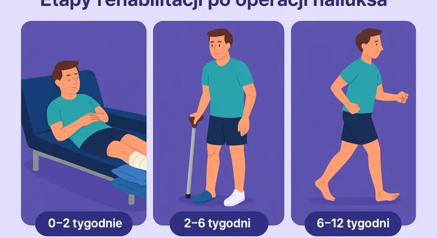 Etapy rehabilitacji po operacji haluksów: odpoczynek (0-2 tyg.), z kulą (2-6 tyg.), chodzenie (6-12 tyg.).
