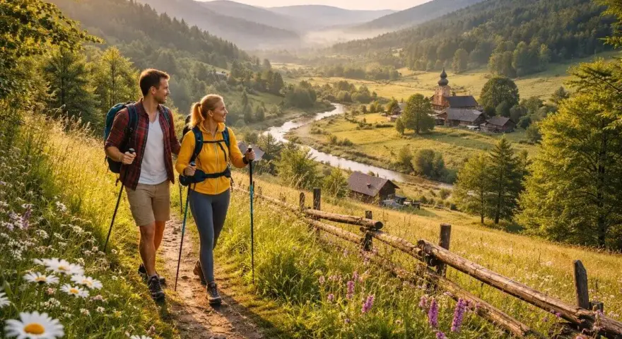 Para wędruje malowniczymi **beskid niskie szlaki**, podziwiając dolinę z rzeką i drewnianą zabudową.