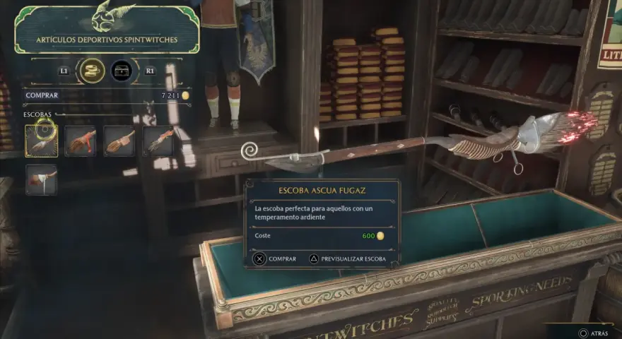En la tienda de escobas de Hogwarts Legacy, se muestra la "Escoba Ascua Fugaz", ideal para jugadores con temperamento ardiente.