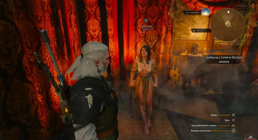Geralt rozmawia z Corine Tilly w Złocistym Jesiotrze. To sen w wielkim mieście Wiedźmin 3.