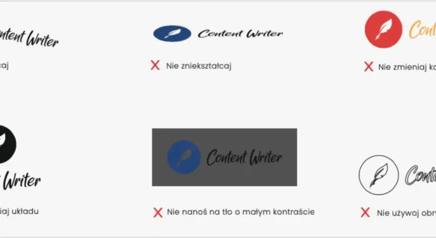 Zasady użycia logo Content Writer: nie obracaj, nie zniekształcaj, nie zmieniaj koloru, układu, tła ani obrysu. Zachowaj pole ochronne znaku.