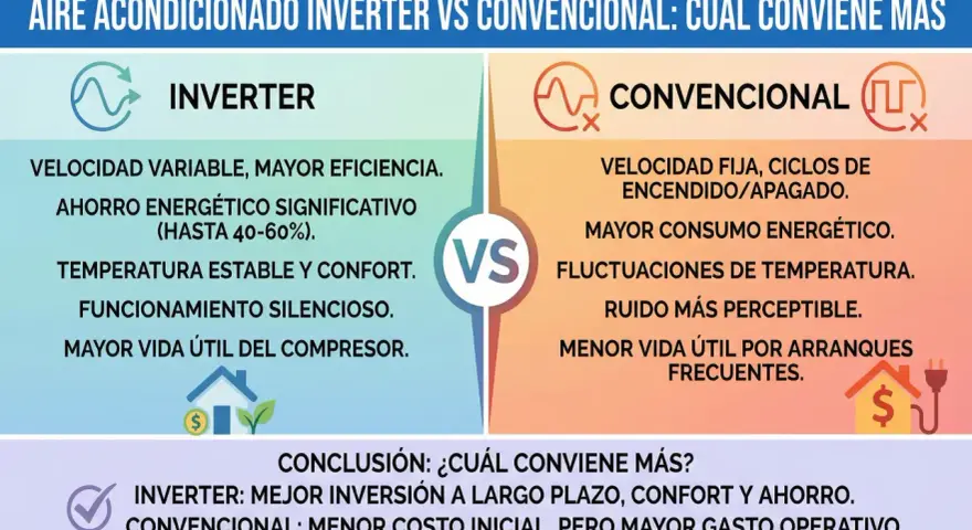 Comparativa de aire acondicionado Inverter vs. Convencional. El Inverter ofrece mayor eficiencia y ahorro, lo que significa que invertir en aire acondicionado Inverter es una mejor opción a largo plazo.