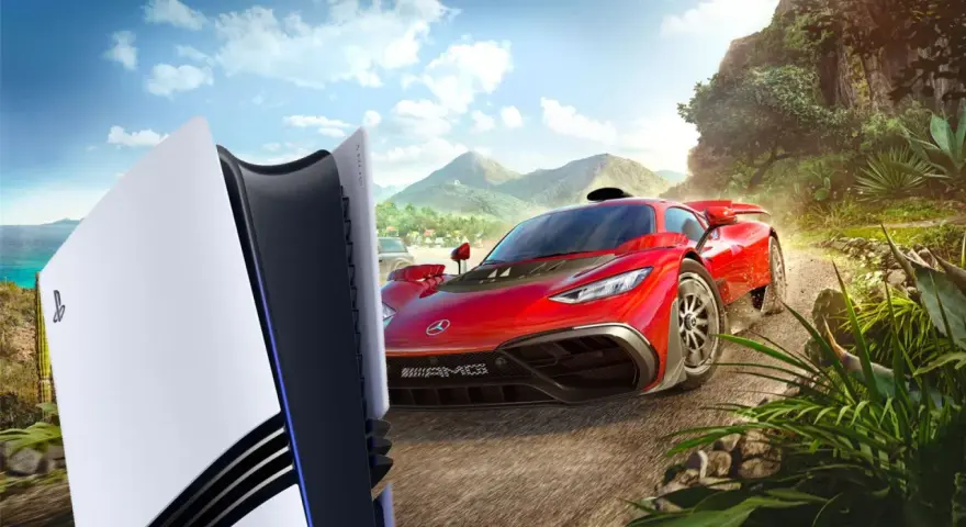 Konsola PS5 obok czerwonego supersamochodu na tle meksykańskiego krajobrazu. Data wydania Forza Horizon 5 już wkrótce!