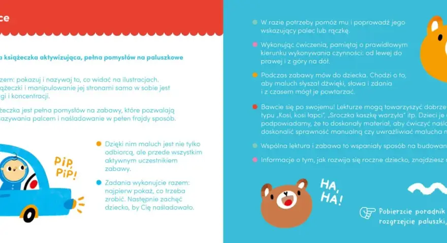 Niebieski samochód z misiem i dzieckiem w środku, ilustracja do zabawy paluszkowej.