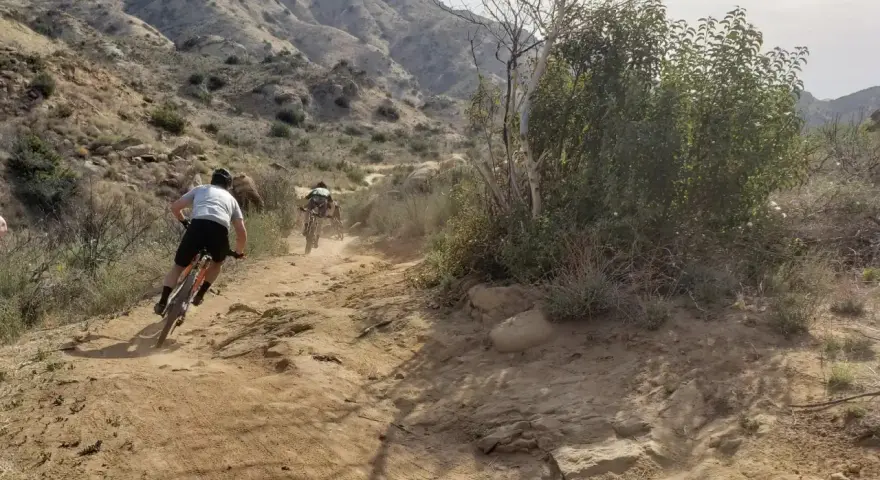 Dust flies as cyclists tackle a rugged trail, enjoying mountain biking in Los Angeles.
