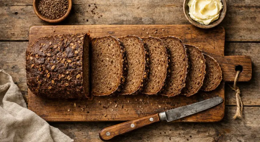 Ein Laib dunkles, kerniges Schwarzbrot, in Scheiben geschnitten, daneben Butter und Kümmelsamen. So sieht ein herzhaftes Schwarzbrot aus.