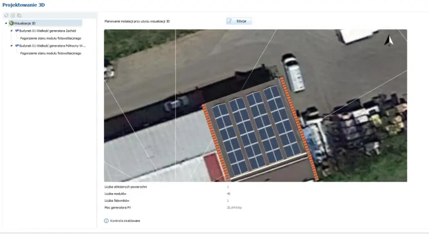 Projekt instalacji fotowoltaicznej na dachu budynku. Widoczne panele PV, dane techniczne: 48 modułów, moc 20,64 kWp.