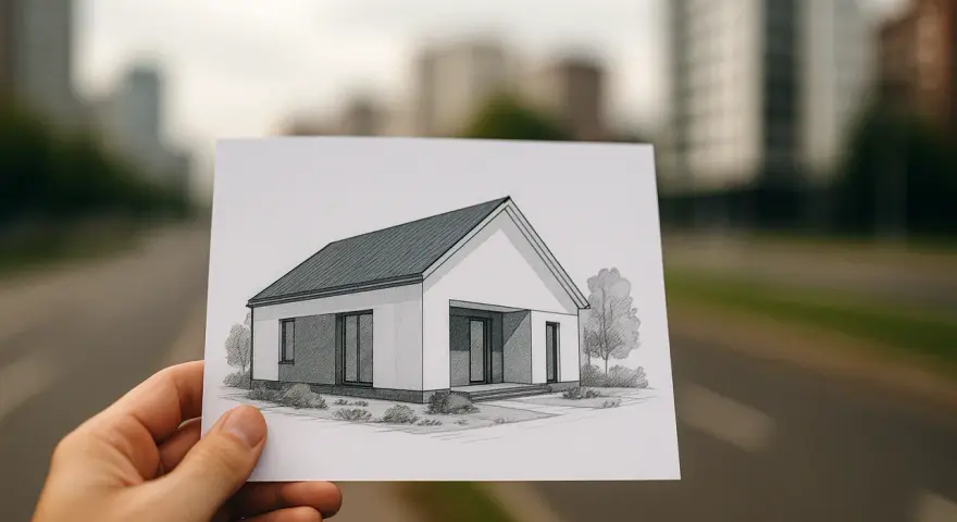 Szkic domu na papierze. Zastanawiasz się, jak długo jest ważne pozwolenie na budowę? Czas na realizację marzeń!