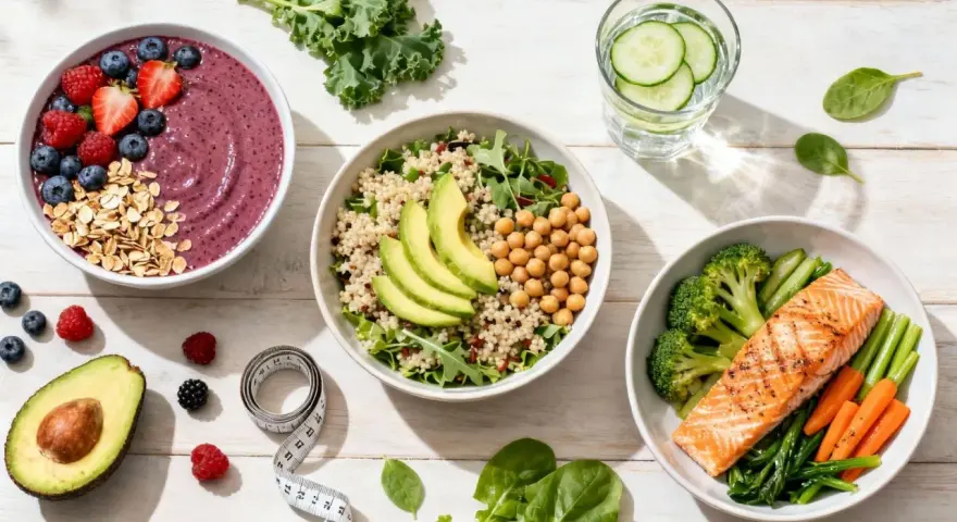 Zdrowe posiłki: smoothie bowl, sałatka z ciecierzycą i awokado, łosoś z warzywami. Czy sól jest zdrowa? Zależy od ilości!
