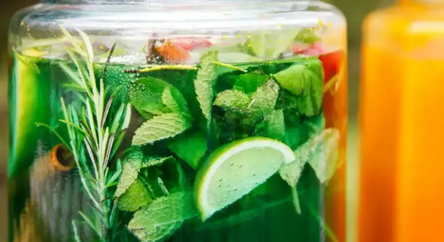 Zielony, orzeźwiający syrop z mięty z dodatkiem limonki i rozmarynu w szklanym słoju. Obok pomarańczowy napój.