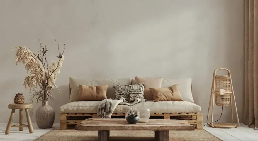 Un divano in pallet e un tavolino grezzo creano un'atmosfera rilassata in stile wabi sabi, con cuscini morbidi e decorazioni naturali.
