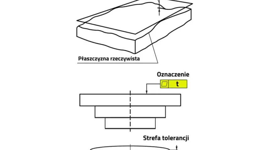 Ilustracja pokazuje odchyłkę płaskości i strefę tolerancji 't'. Rzeczywista powierzchnia jest porównywana z płaszczyzną przylegającą.