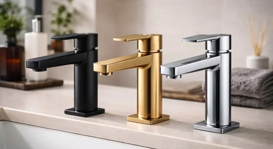 Trois robinets modernes : noir mat, doré et chromé, illustrant la diversité de la couleur robinetterie pour une salle de bain élégante.