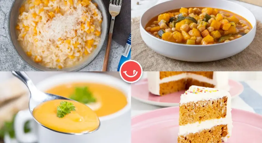 Cuatro deliciosas recetas con calabaza: risotto cremoso, guiso reconfortante, sopa aterciopelada y un pastel esponjoso. ¡Perfectas para cualquier ocasión!