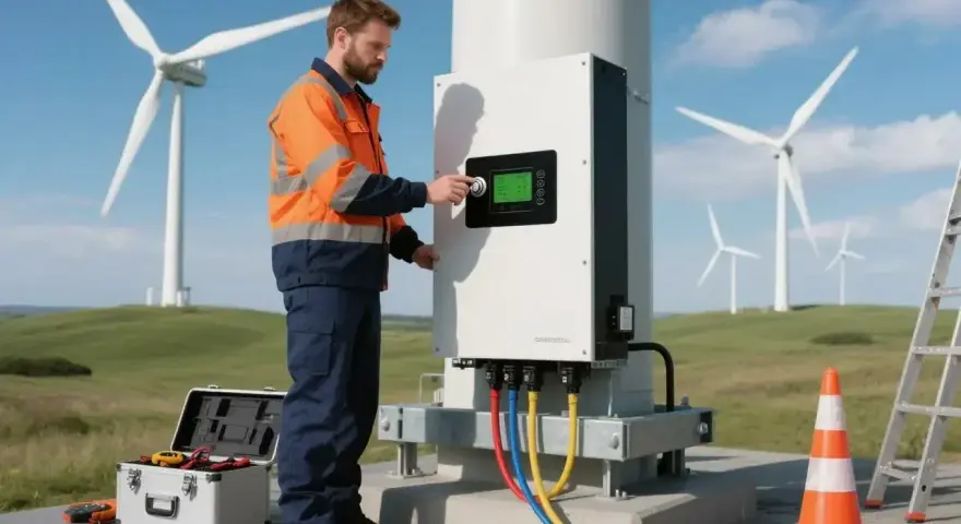 Technik reguluje falownik hybrydowy 8 kW przy turbinie wiatrowej. Narzędzia i drabina w pobliżu.