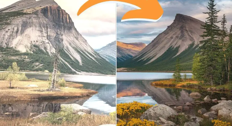Avant/après d'un paysage de montagne et lac. Idéal pour apprendre à faire des photos et sublimer vos clichés.