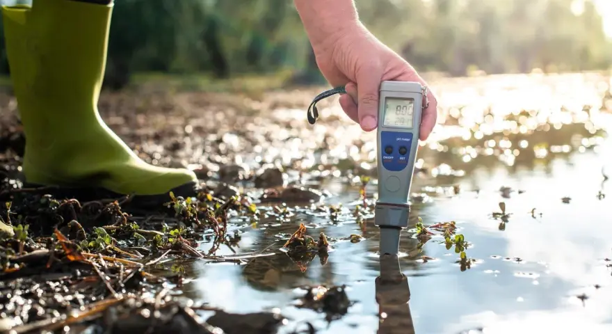 Persona con bota verde mide la calidad del agua con un medidor de pH en un entorno natural.