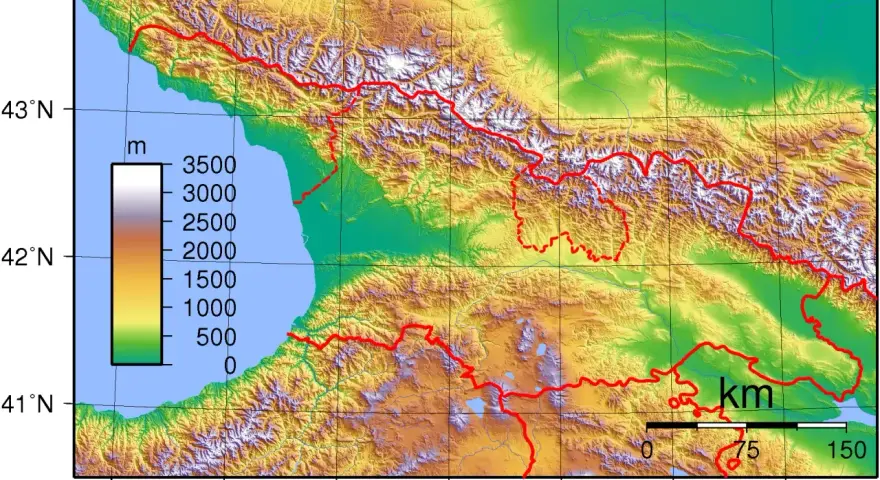 Mapa topograficzna Gruzji, ukazująca góry Kaukazu i wybrzeże Morza Czarnego. Kolory odzwierciedlają wysokość, od zieleni (niskie tereny) po biel (wysokie szczyty). Gruzja kontynent.