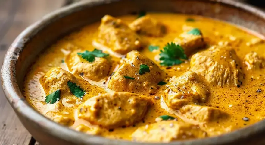 En krämig kycklingrätt i en skål, perfekt för ett enkelt kyckling recept. Garnerad med färsk koriander.