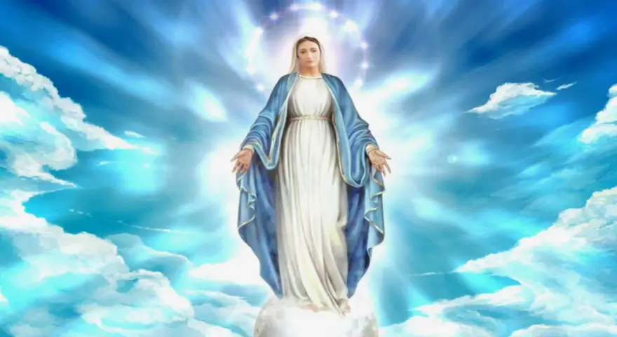 Postać Maryi w błękitnym płaszczu, unosząca się na obłoku, otoczona blaskiem i gwiazdami. Symbol niepokalanego poczęcia.
