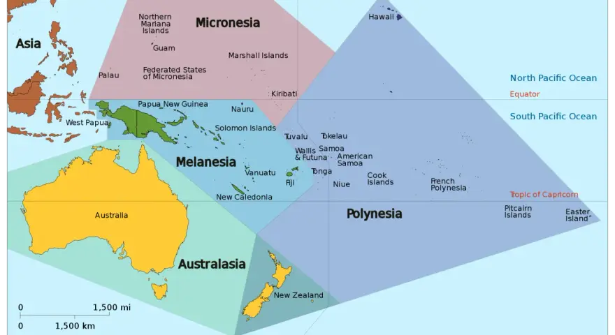 Mapa regionu Oceania z podziałem na Melanezję, Mikronezję, Polinezję i Australazję. Widoczne Australia, Nowa Zelandia i liczne wyspy.