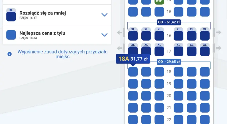 Wybieram miejsce 18A w samolocie Ryanair za 31,77 zł. Widoczna numeracja miejsc w samolocie Ryanair.