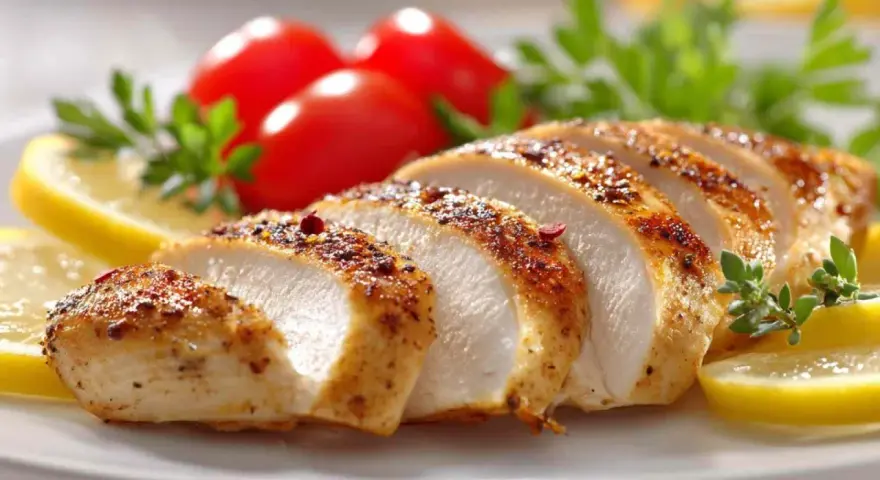 Soczyste **piersi z kurczaka air fryer**, pokrojone w plastry, podane z cytryną, pomidorkami i ziołami.