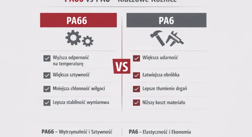 Porównanie PA66 i PA6: grilon PA66 ma wyższą odporność na temperaturę i sztywność, PA6 większą udarność i niższy koszt.