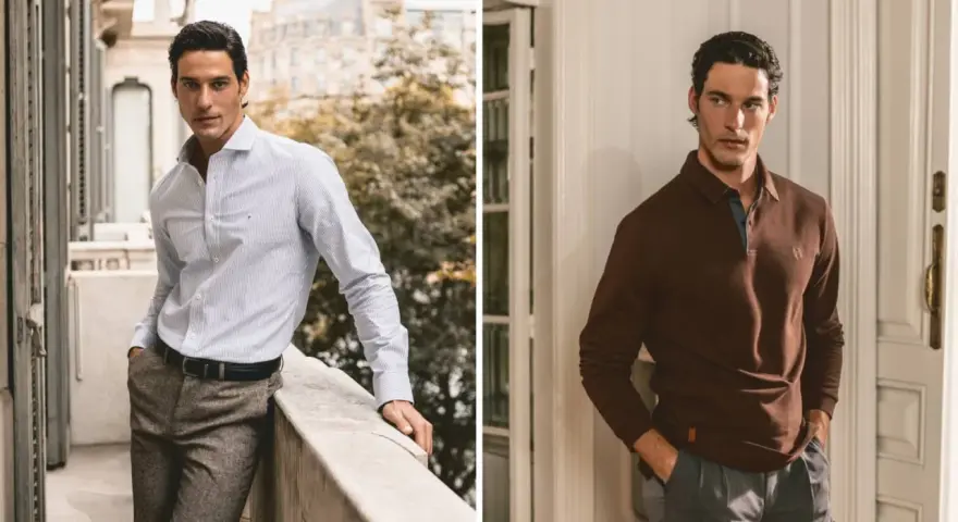 Modello con fisico a triangolo invertito indossa camicia a righe e polo marrone, pantaloni eleganti.