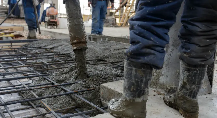 Beton wylewany na zbrojenie. Pracownicy w gumowcach nadzorują proces, który decyduje, ile kosztują fundamenty.