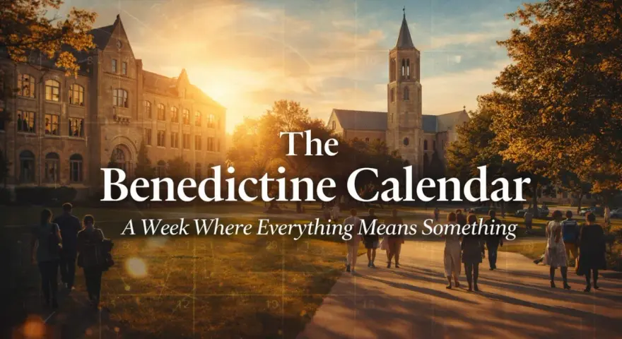 The Benedictine Calendar: A week where everything means something. A college campus at sunset with students walking.