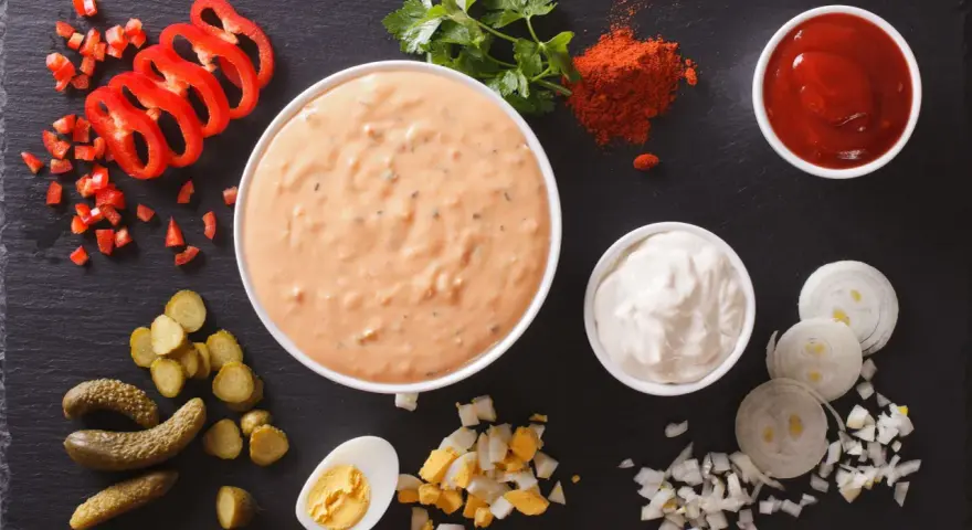 Składniki do sosu tysiąca wysp: majonez, ketchup, papryka, ogórki, jajko, cebula, natka.