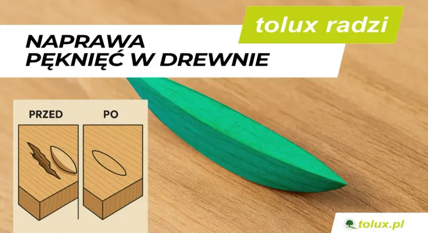 Jak zabezpieczyć pękające drewno? Grafika pokazuje naprawę pęknięć w drewnie przed i po.