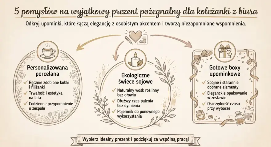 Pomysły na wyjątkowy upominek dla koleżanki z pracy: personalizowana porcelana, ekologiczne świece sojowe i gotowe boxy upominkowe.