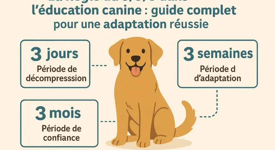 Un gros chien doré, souriant, est au centre d'une illustration expliquant la règle du 3/3/3 pour l'éducation canine : 3 jours de décompression, 3 semaines d'adaptation, 3 mois de confiance.