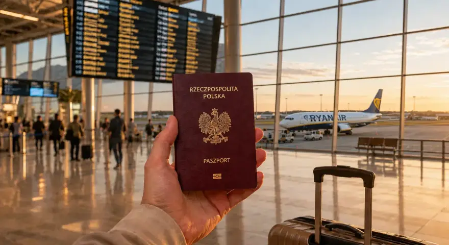 Polska walizka i paszport czekają na lotnisku na podróż. Samolot Ryanair gotowy do startu.