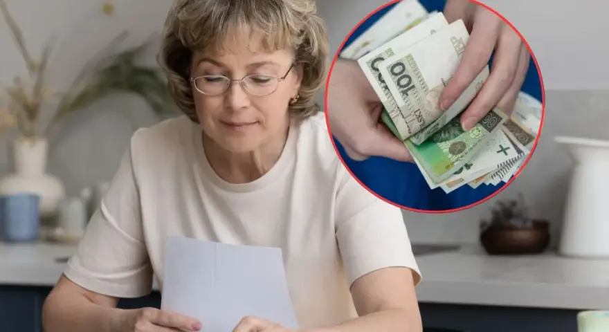 Kobieta z dokumentami i kalkulatorem, w tle dłonie liczące polskie banknoty.