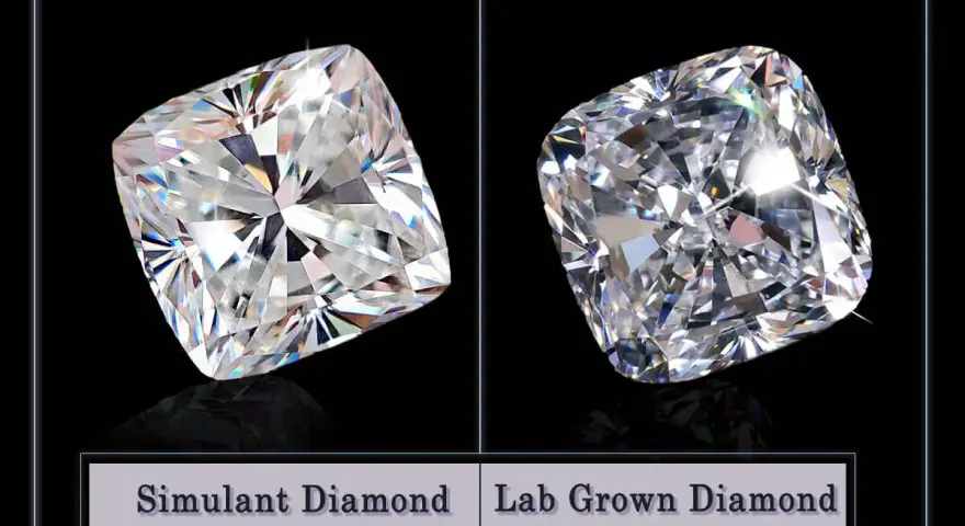 Two cushion-cut diamonds are shown side-by-side. The left is labeled "Simulant Diamond," the right "Lab Grown Diamond.