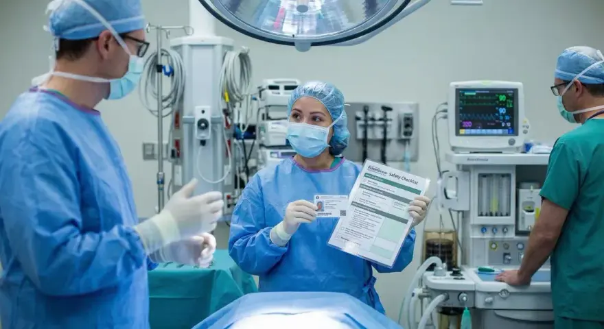 Zespół medyczny na bloku operacyjnym omawia checklistę bezpieczeństwa. Dodatek za pracę na bloku operacyjnym jest kluczowy dla bezpieczeństwa pacjenta.