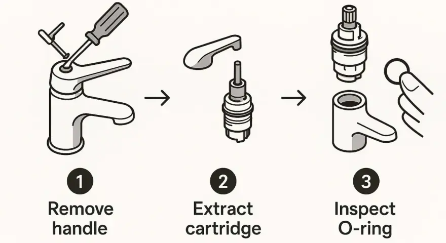 Diagram shows how to fix shower faucet: remove handle, extract cartridge, inspect O-ring.
