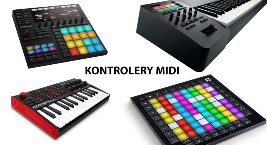 Klawiatury i pady do tworzenia muzyki, takie jak Maschine, AKAI MPK mini i inne urządzenia MIDI, gotowe do pracy.