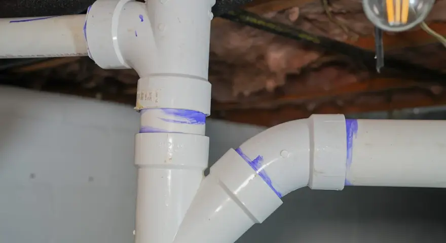 Close-up of various PVC pipe types, showing a vertical pipe connected to a horizontal pipe with a curved fitting, all marked with purple solvent cement.