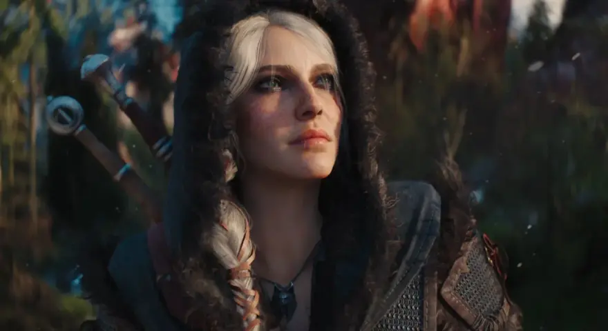 Ciri w kapturze, z dwoma mieczami za plecami, wygląda na gotową do walki w świecie Wiedźmin 4.