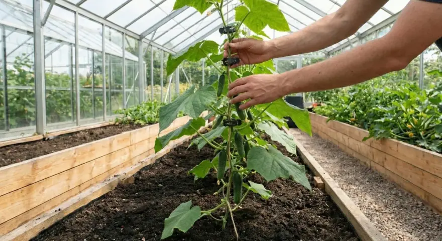 Händer som fäster en gurkplanta vid en stör i ett växthus. Det är en fin dag att odla gurka.
