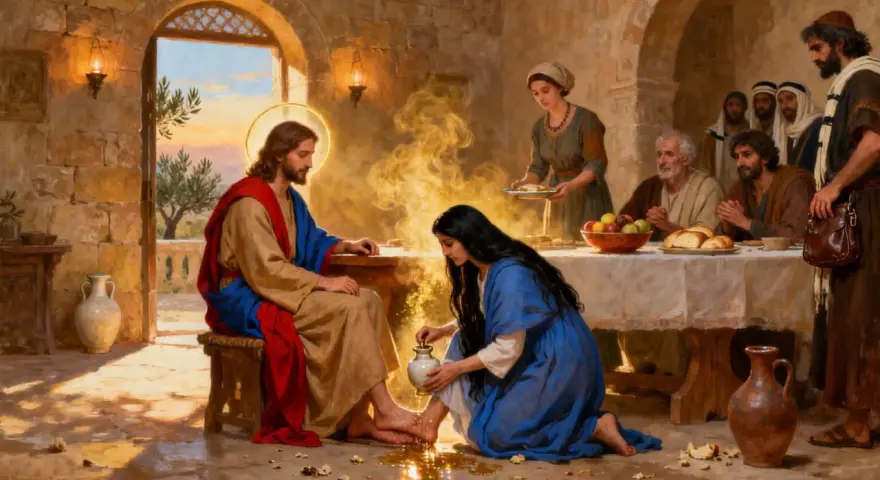 Maria salbt Jesu Füße, wie in Johannes 12 beschrieben. Ein Akt der Liebe und Hingabe.