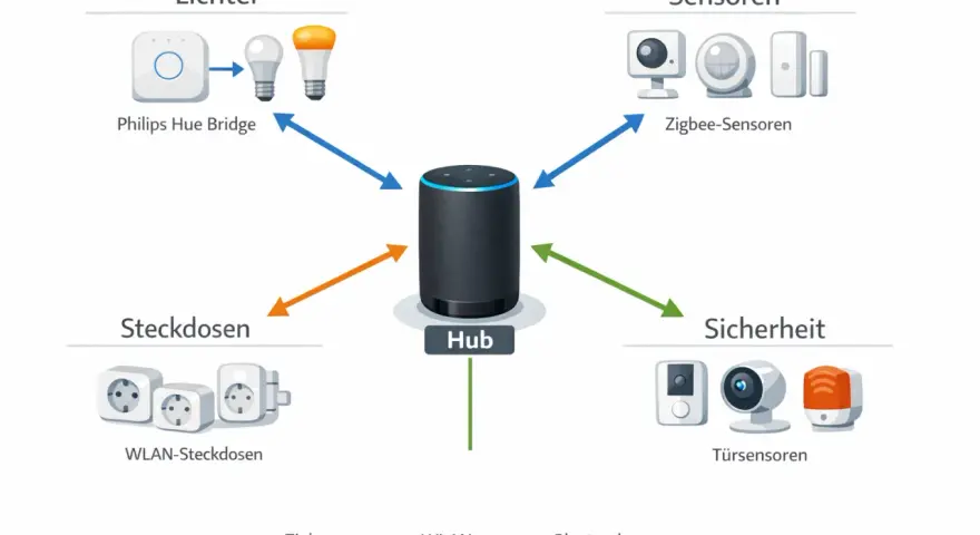Schema zeigt, wie Philips Hue Bridge, Zigbee-Sensoren, WLAN-Steckdosen und Türsensoren mit einem Hub verbunden sind. Die Hue Bridge Reichweite wird durch Zigbee-Verbindungen erweitert.