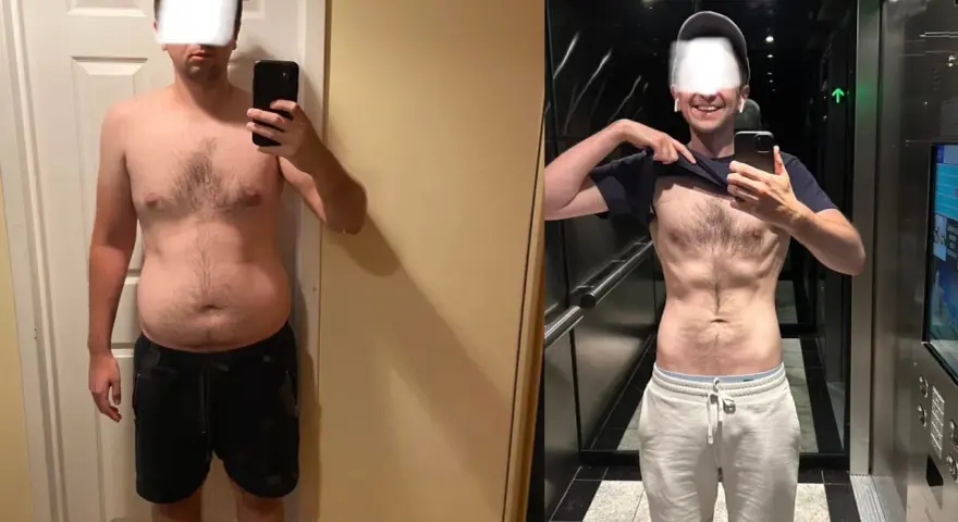 Före- och efterbilder visar en man som gått ner i vikt. Efter en 72 timmars fasta syns tydlig skillnad på magen.