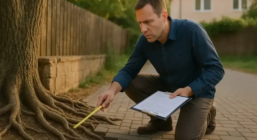 Mężczyzna mierzy korzenie drzewa, które weszły na moją działkę. Sąsiada drzewo przewróciło się na moją działkę.